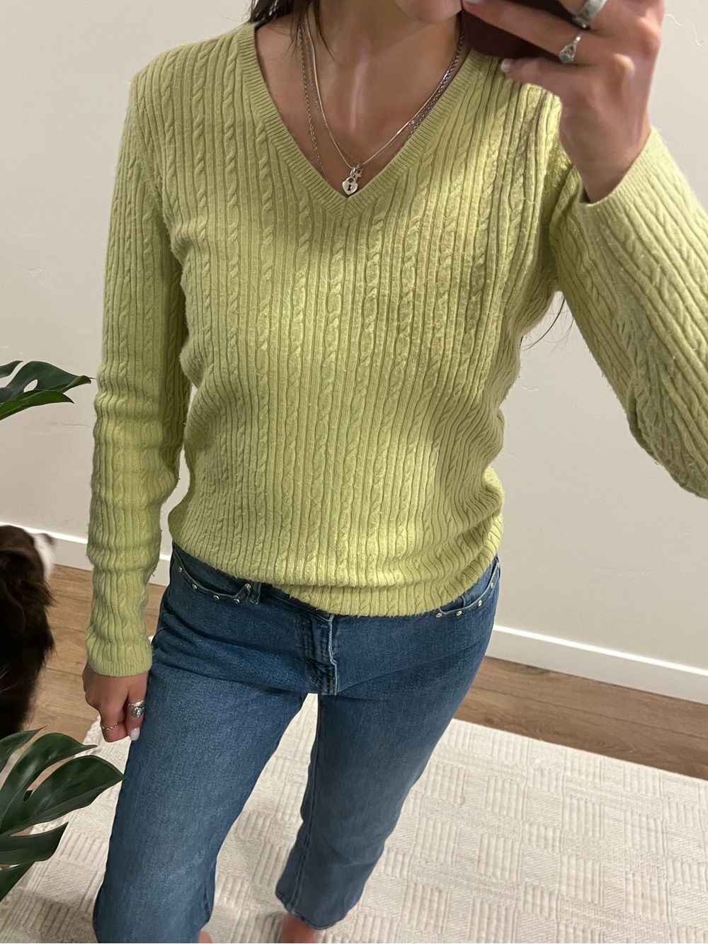 Vintage Casual Corner Light Green V-Neck Cable Knit Sweater